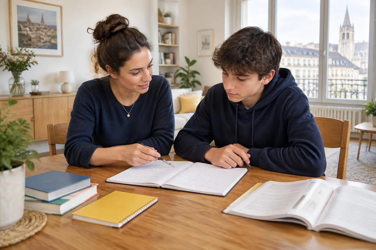 Illustration d’un cours particulier à domicile : une professeure accompagne un lycéen